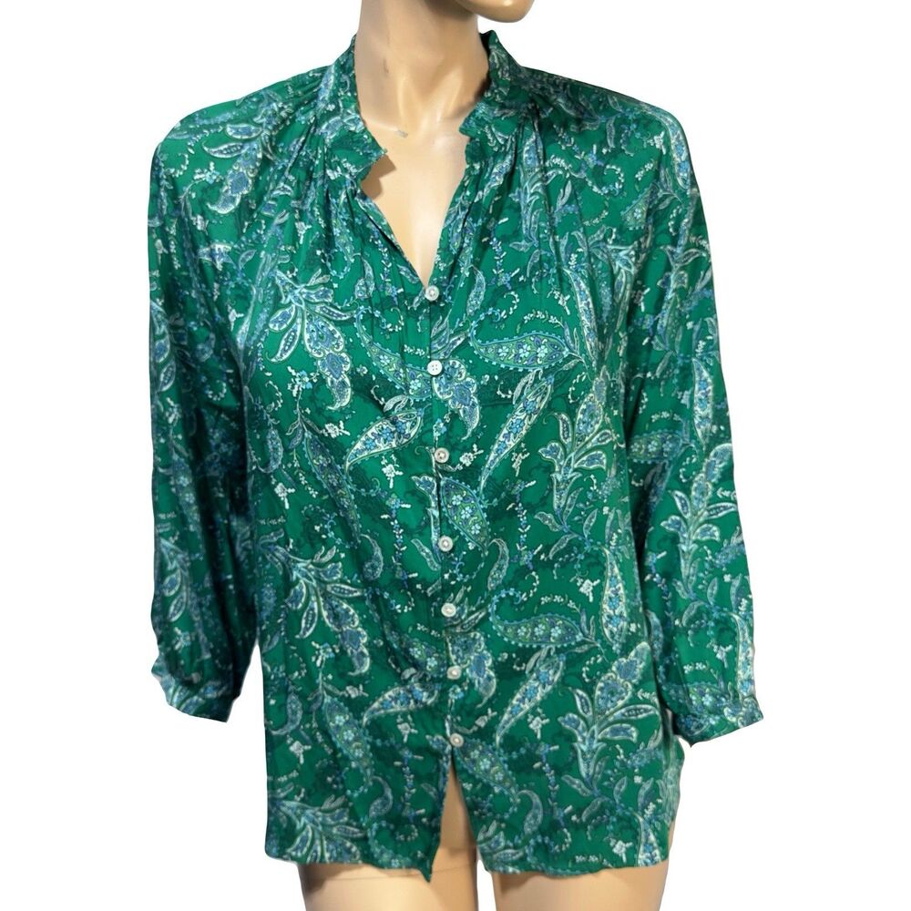 J Jill Shirt Top Button Front Green Paisley Blouse Women’s Size M P Petite NWT